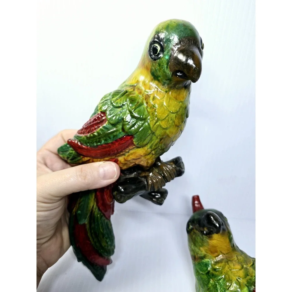 Mid-Century Chalkware Parrot Bird Wall Hanging Sculptures Set Of 2 Tropical Life